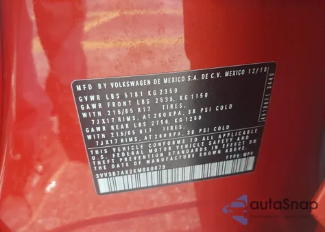 2019 Volkswagen Tiguan 2.0T Se/2.0T Sel/2.0T Sel R-Line/2.0T Sel R-Line Black from USA, damaged, VIN 3VV3B7AX2KM060679